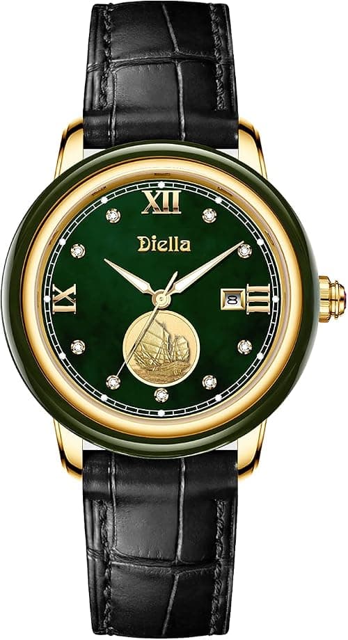 Diella Ladies Quartz Watch with Leather Strap, Dark Green Jade and Gold/Silver Stainless Steel Waterproof Luxury Dress Wrist Watches for Women (AD5002L) on Amazon.ae - Price Tracker