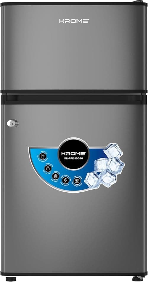 KROME Double Door Refrigerator, 138L Gross / 90L Net Capacity, Direct Cool, Top Mount Freezer, Glass Shelves, Lock & Key, Dark Silver Finish, R600a Refrigerant, KR-RF138DDSG on Amazon.ae - Price Tracker