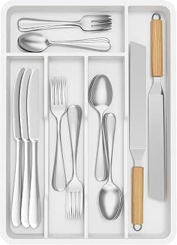 Lifewit Cutlery Drawer Organizer, Plastic Storage for Kitchen, Cutlery and Utensil Space for Spoon Forks Knives Tableware, 24.1 x 34cm, 5 Compartments, White on Amazon.ae - Price Tracker
