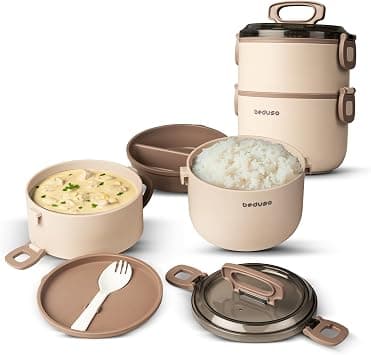 Baybee Stainless Steel Lunchbox for Adult/Kids 2000ml, Thermos Double-Wall Insulated Steel Tiffen box Container Set for office with Reusable Spoon, Microwave-Safe Bento Lunchbox for men, women (Beige) على Amazon.ae - متتبع الأسعار