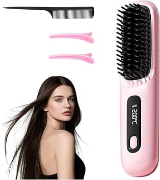 Cordless Hair Straightener Brush, Portable Straightener Brush 199 Million Negative Ions, Compact & Travel-Friendly with LED Display, 4000mAh Rechargeable, Anti-Scald Mini Hot Comb for Women (Pink) on Amazon.ae - Price Tracker