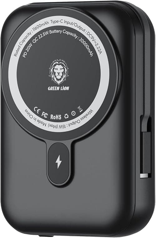 Green Lion Monaco Power Bank 20000mAh, Compatible with MagSafe 15W Wireless Portable Charger Fast Charging, Mobile Phone PD 20W USB-C QC 22.5W USB-A Wired Charging, Charger Battery Pack (Black) على Amazon.ae - متتبع الأسعار