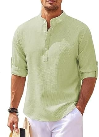 Men's Cotton Linen Shirt Casual Long Sleeve Henley Hippie T Shirts Summer Fashion Beach Tops Slim Fit Basic Button Up Shirts Lightweight Solid Color Banded Collar Shirt Typical Holiday Sports Tops, XL على Amazon.ae - متتبع الأسعار