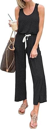 PRETTYGARDEN Women's Casual Sleeveless Solid Jumpsuit Crewneck Drawstring Waist Stretchy Long Pants Romper on Amazon.ae - Price Tracker