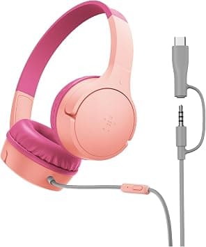 Belkin SoundForm Mini Kids Wired Headphones with USB-C to 3.5mm Dongle, Built-in Mic & Fun Stickers, 85dB Max Volume – for Online Learning, Travel, Compatible with iPhone, iPad, Galaxy, etc - Pink على Amazon.ae - متتبع الأسعار