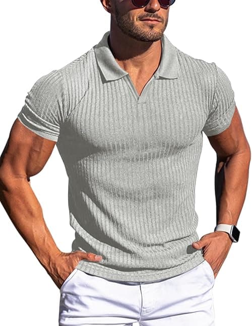 Men's Muscle V Neck Polo Shirts Slim Fit Short Long Sleeve Cotton Golf T-Shirts Ribbed Knit Soft Tees on Amazon.ae - Price Tracker