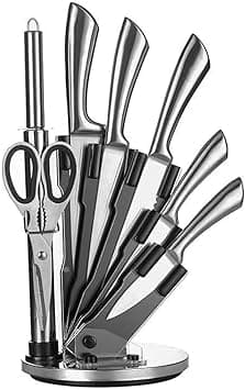 Cuisine Art 8-Piece Professional Kitchen Knife Set with Revolving Stand – Includes Chef, Cleaver, Slicing, Utility, Fruit Knives, Scissors, Sharpening Rod, and Knife Block - Silver on Amazon.ae - Price Tracker