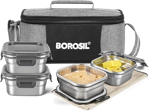 Borosil Feast Stainless Steel Lunch Box with Bag | Set of 4 (400 ml Each), Square | Tiffin Box for Office, School & College على Amazon.ae - متتبع الأسعار