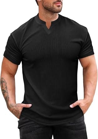 Runcati Mens Muscle T Shirt Ribbed V Neck Short Sleeve Tops Slim Fit Workout Slim Fit Casual Stretch Tee Shirts on Amazon - Best Deal Finder