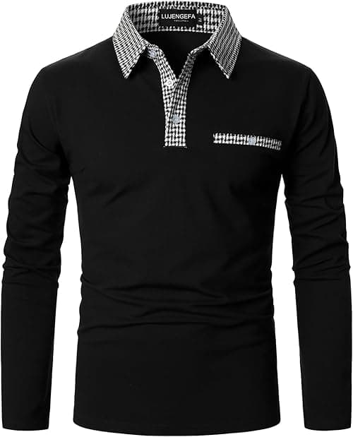 Mens Polo Shirts Long Sleeve Casual Slim fit Houndstooth Collar Golf Polo T Shirts Cotton Tops for Men on Amazon.ae - Price Tracker