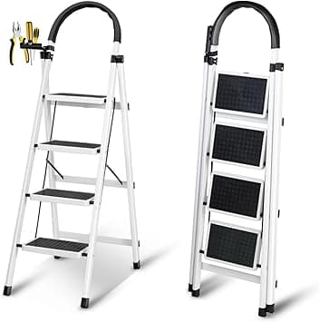 SKY-TOUCH Foldable Ladder 4 Steps, Home Ladder Folding Step Stool with Wide Anti-Slip Pedal, Adults Folding Sturdy Steel Ladder for Home,Kitchen, Garden, Office - Amazon.ae Price Tracker