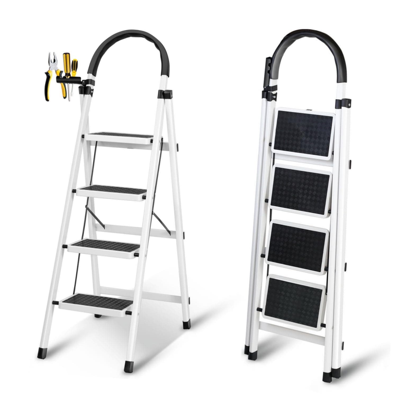 SKY-TOUCH Foldable Ladder 4 Steps, Home Ladder Folding Step Stool with Wide Anti-Slip Pedal, Adults Folding Sturdy Steel Ladder for Home,Kitchen, Garden, Office on Amazon.ae - Price Tracker