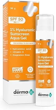 The Derma Co 1% Hyaluronic Aqua Gel Sunscreen SPF 50 PA++++ with Vitamin E, Oil-Free, No White Cast | Broad Spectrum UVA/UVB, Blue Light & Anti-Pollution Protection, Fast-Absorbing & Hydrating, 50g on Amazon.ae - Price Tracker