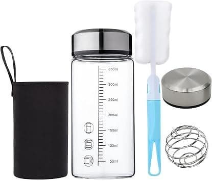 12oz Glass Protein Shaker Bottle with Shaker Ball and 2 Stainless Steel Lid (Black Sleeve) on Amazon.ae - Price Tracker