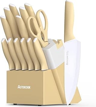 Astercook Kitchen Knife Set with Block and Sharpener 15 Piece Knives Set with Ceramic Coating German High Carbon Stainless Steel Knives Sharp Blade Dishwasher Safe Knife Set with Ergonomic Handle on Amazon.ae - Price Tracker