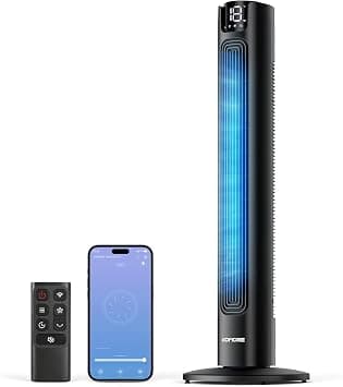 Tower Fan for Bedroom, 4 Modes 3 Speeds, 90°Oscillating Cooling Fan with APP/Remote, LED Room Temp Display, Portable Silent Standing Fan, 12H Timer, Bladeless Floor Fans for Home Office, Black on Amazon.ae - Price Tracker