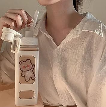 JQWSVE Kawaii Bear Water Bottle with Straw and Sticker, Large Sport Plastic Portable Square Drinking Bottle for Girl, Cute Juice Tea Water Cups - Best Deal Finder