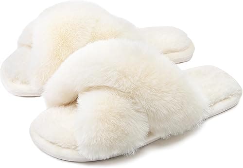 Womens Cross Band Slippers Cozy Furry Fuzzy House Slippers Open Toe Fluffy Indoor Shoes Outdoor Slip on Warm Breathable Anti-skid Sole on Amazon.ae - Price Tracker