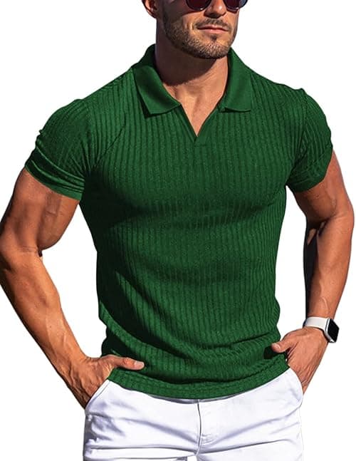 Men's Muscle V Neck Polo Shirts Slim Fit Short Long Sleeve Cotton Golf T-Shirts Ribbed Knit Soft Tees on Amazon.ae - Price Tracker