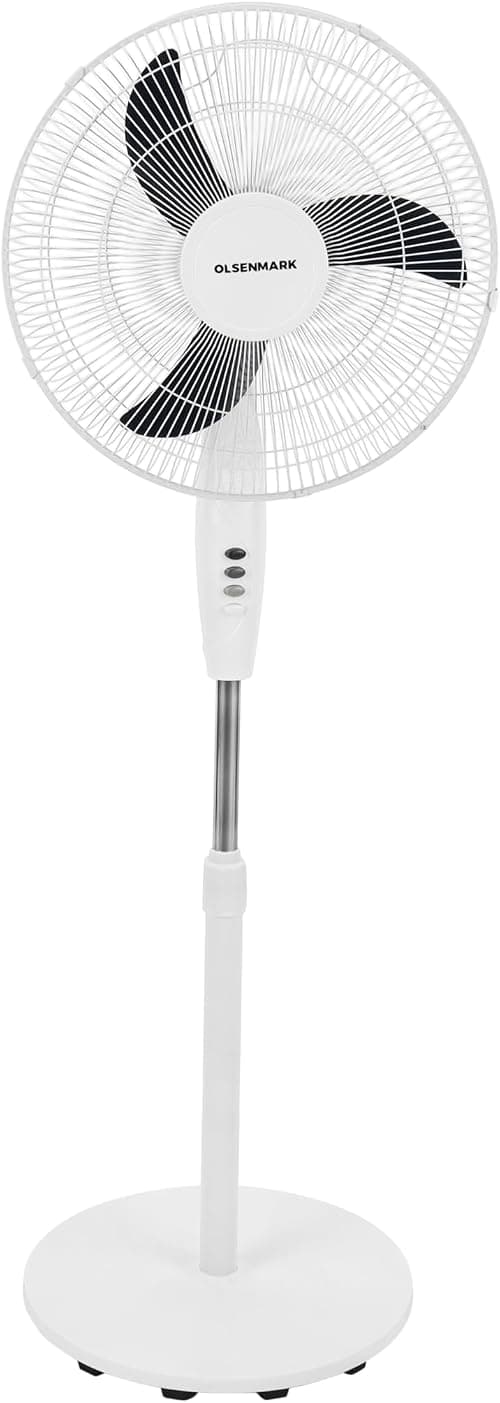 Olsenmark 16" Stand Fan OMF1697L, Pedestal Fan with 3 Leaf Blades, 3 Speed Settings, Adjustable Pitch Angle, High Performance Motor, Oscillation Function, White on Amazon.ae - Price Tracker
