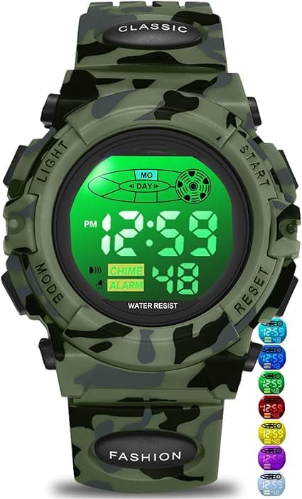 Sports Watch for Boys-Waterproof Kids Digital Watch for 3-15 Year Old Boys with Colorful Light, Alarm&amp;Snooze, Stopwatch Military Design Silicone Band with Silicone Band on Amazon.ae - Price Tracker