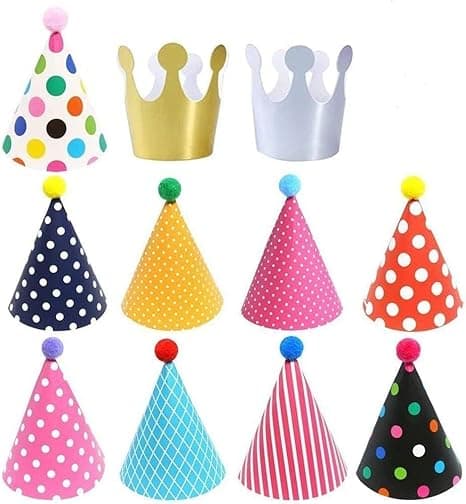 11PCS Birthday Party Cone Hats - Pom Poms,Lovely Cake Cone Birthday Paper Hats,Lovely Crown,For Children and Adults (9 hats and 2 crowns) on Amazon.ae - Price Tracker