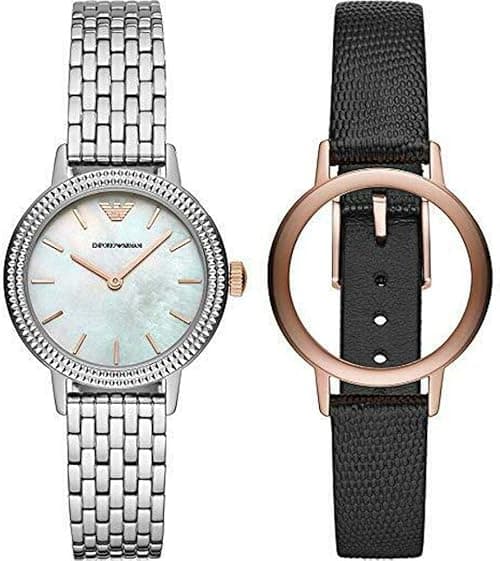 Emporio Armani Women's Pearl Dial Interchangeable Band Quartz Analog Watch, Silver/Black on Amazon.ae - Price Tracker
