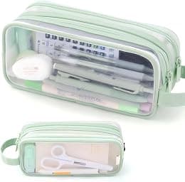 KASTWAVE Large Capacity Pencil Case, Grid Mesh Pencil Case, 2 Compartment Pen Bag, Clear Handheld Pencil Pouch Transparent Makeup Bag for College School Office Teen Girl Boy Women Men Adult (Green) - Best Deal Finder