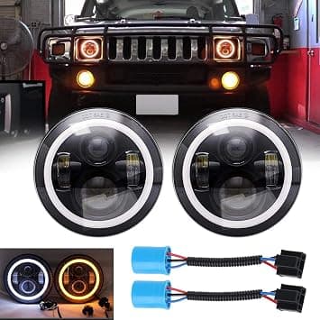 For Hummer H1 H2 AM GENERAL Pair LED Headlight Lights Halo Angel Eye White DRL & Amber Turn Light With 9007 Male to H4 Female Adapter على Amazon.ae - متتبع الأسعار