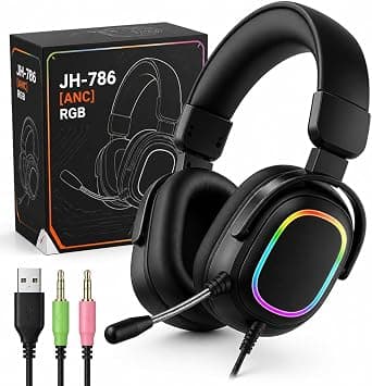 Wired Gaming Headset with 50mm Driver, JH-786 [ANC] RGB 108dB Sensitivity, Flexible Microphone, Soft Over-Ear Cushions, RGB Lighting, USB + Dual 3.5mm Connection, 2M Cable for PC Gaming, Ear Cushions on Amazon - Best Deal Finder