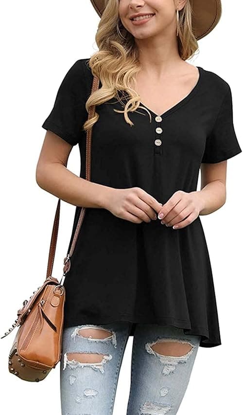 Womens Tshirts Women's T-shirt Solid Color Button Short Sleeve V-neck T-shirt Women's Summer Top T-shirt on Amazon.ae - Price Tracker