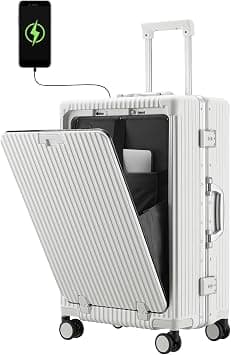 24 Inch Checked Luggage with Front Pocket, Versatile Aluminum Frame, USB Charging Port, TSA Lock, Cup Holder and Phone Holder, Medium Hardside Suitcase with Spinner Wheels, White on Amazon.ae - Price Tracker
