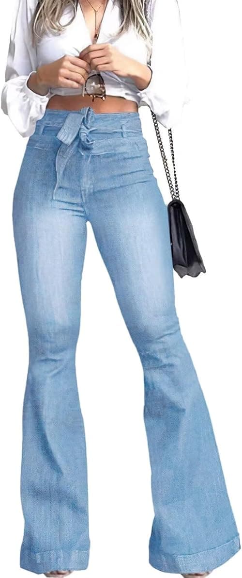 KDF High Waisted Flare Jeans for Women Bell Bottom Jeans with Belt for Women Stretch Wide Leg Jeans on Amazon.ae - Price Tracker