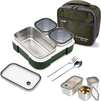 GGEROU Stainless Steel Lunch Box for Kids School,Insulated with Tableware & Bag,720ML 3 Compartment Divided Lunch Containers with Lids,Leakproof | BFA Free | Small size| Dishwasher Safe (Green) على Amazon.ae - متتبع الأسعار
