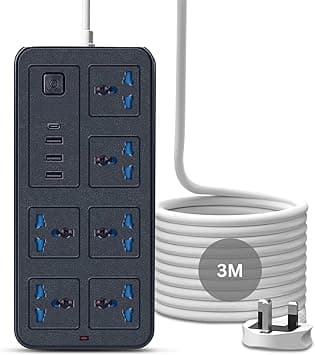 UNICASA™ Universal Power Strip with 6 Outlets, 3 USB Ports, 1 Type-C Port, Surge Protection, 3M Extension Cord, Fast Charging Extension Cord for Home, Kitchen and Office (UK 3-Pin Plug) (Black) - Amazon.ae Price Tracker