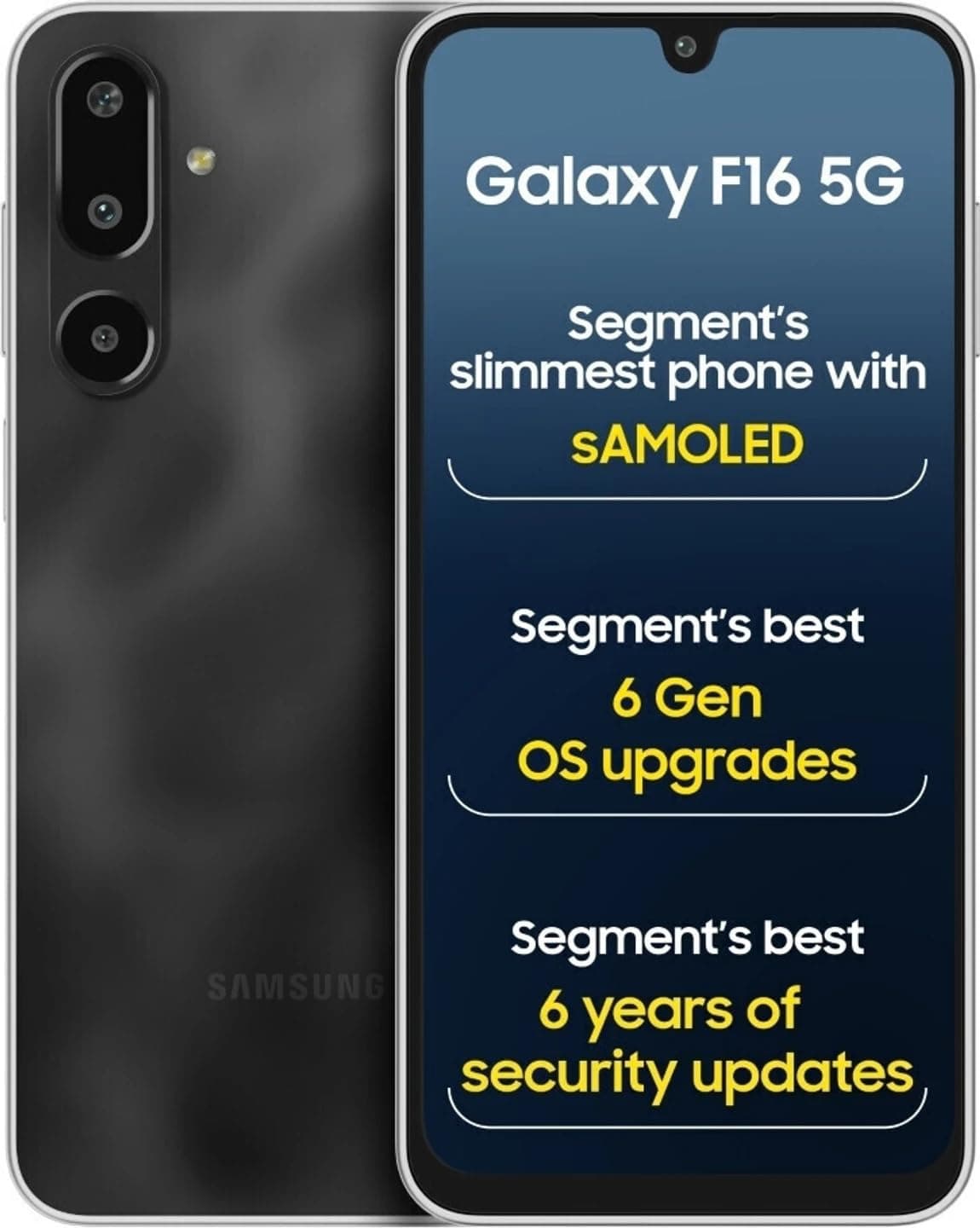 Samsung Galaxy F16 5G (Bling Black, 4GB RAM, 128GB Storage) | Dual SIM | MediaTek Dimensity 6300 | 50MP Triple Camera | 5000mAh Battery | sAMOLED FHD+ Display | 6 Years of Security Updates -India on Amazon.ae - Price Tracker