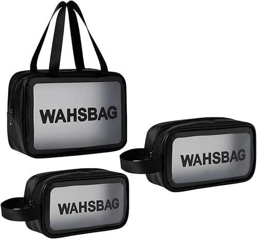 3Pcs Cosmetic Bag Vinyl Air Travel Toiletry Bags Bulk, Water Resistant PVC Packing Cubes with Zipper Closure & Carry Handle for Women Baby Men, Make-up brush Case Beach Pool Spa Gym Bag (Black) on Amazon - Best Deal Finder
