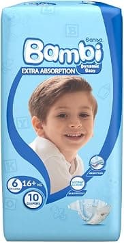 Sanita Bambi Baby Diapers Size 6, 16+kg, Skin-Friendly with Hypoallergenic Inner layer, Wetness Indicator, Leakage Protection & Comfort - Regular Pack, 10 Count - Best Deal Finder