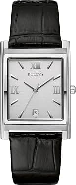 Bulova Men's Stainless Steel 3-Hand Calendar Date Quartz Watch with Black Leather Strap, Rectangle Dial Style: 96B107, Silver, Classic Quartz Silver-Tone Stainless Steel Strap - Best Deal Finder