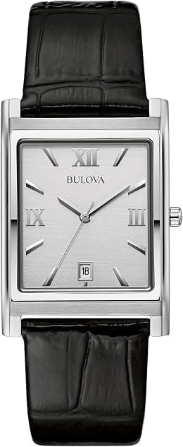 Bulova Men's Stainless Steel 3-Hand Calendar Date Quartz Watch with Black Leather Strap, Rectangle Dial Style: 96B107, Silver, Classic Quartz Silver-Tone Stainless Steel Strap - Best Deal Finder
