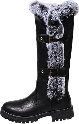 Women's Thick Plush Mid-Calf Snow Boots, Chunky Platform Waterproof Leather Fur Lined Riding Boot Warm Non-Slip Slip-On Knee-High Booties on Amazon.ae - Price Tracker