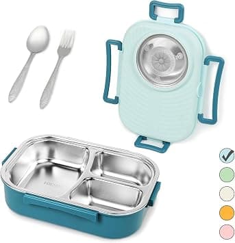 YelaJoy Stainless Steel Bento Lunch Box for Kids and Adults,Stackable BPA-Free Food Containers with 3 Compartments and Reusable Sauce Bowl, Fork and Spoon,1000ml/34oz (Blue) - Best Deal Finder
