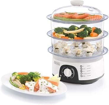 BLACK+DECKER Food Steamer,775W, 10L 3-Tier Detachable Design, Timer Control, Quick & Easy Meal Prep, Dishwasher Safe, Lightweight 1.98 Kg, 220-240V, Efficient and Compact, White - HS6000-B5 على Amazon.ae - متتبع الأسعار