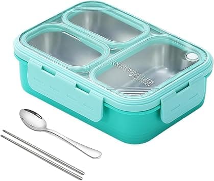 Bento Lunch Box For Kids school,Stainless Steel tiffin box with Spoon fork,Insulated Bento Box,Leak Proof Food Lunch BoX Containers with 3 Compartments,for Microwave, Dishwasher Safe (Green, 600ml) على Amazon.ae - متتبع الأسعار