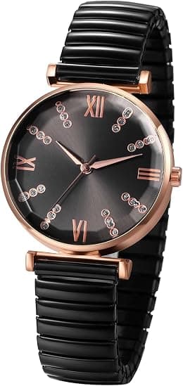 Womens Watch with Stretch Expansion Band, Easy-to-Read Analog Quartz Wristwatch with Rhinestones, Classic Elastic Strap Dress Watch for Ladies (Silver) - Best Deal Finder