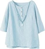 Minibee Women's 3/4 Sleeve Cotton Linen Jacquard Blouses Top T-Shirt - Best Deal Finder
