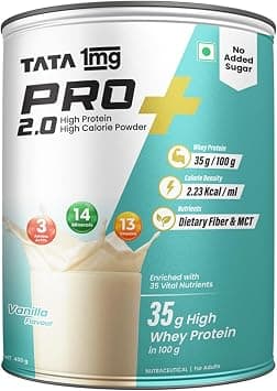 Tata 1mg Pro+ 2.0 High Protein,High Calorie Whey Powder with MCT & Amino Acids for Energy, Muscle & Bone Strength,No Added Sugar,Vanilla Flavour,400gm on Amazon.ae - Price Tracker
