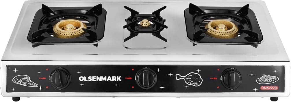 Olsenmark Stainless Steel Triple Burner Gas Stove - Auto Ignition - Cast Iron Pan Burner على Amazon.ae - متتبع الأسعار