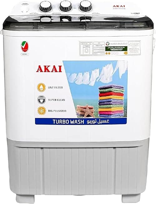 AKAI 5 kg Twin-Tub Semi-Automatic Washing Machine,Powerful Pulsator, Energy Efficient, Easy Wash Timer, Spin Timer, 66CmX 40CmX84Cm White WMMA-XTT51W على Amazon.ae - متتبع الأسعار