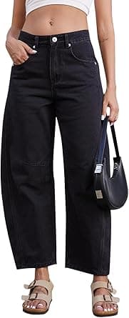 Mid Rise Barrel Jeans for Women Wide Leg Mid Waist Cropped Denim Pants Y2k Baggy Boyfriend Jeans with Pockets on Amazon.ae - Price Tracker